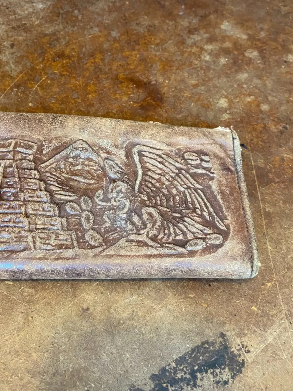50s 60s Handmade Mexican Wallet Brown Leather Tooled Aztec Calendar Vintage